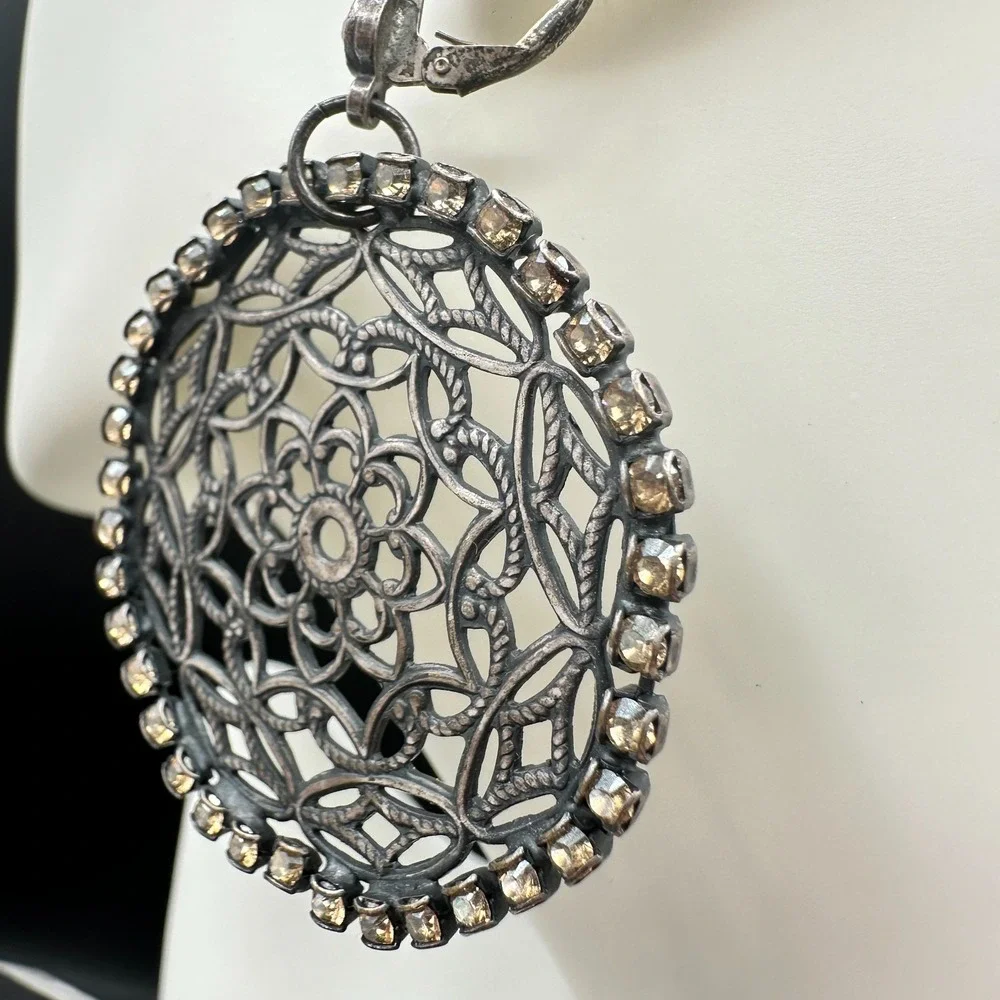 VTG‎ Oxidized Dangle Earrings Brown Rhinestone Filigree Flower Circle Statement